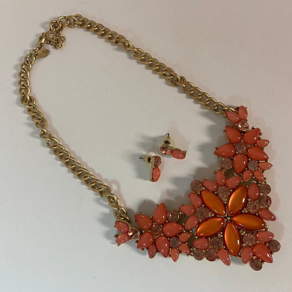 Charming Charlie Coral Orange Pink Floral Bib Necklace and Stud Earrings Set